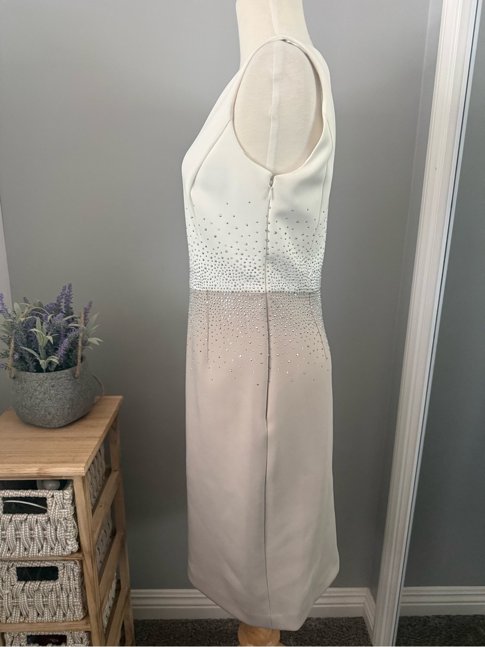 Calvin Klein Ivory and Beige Hand Beaded/Sequined Midi Dress